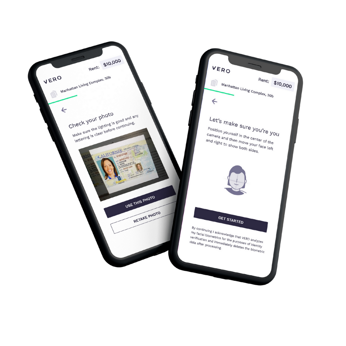 Image of two mobile devices showing screens from the VERO ID verification process