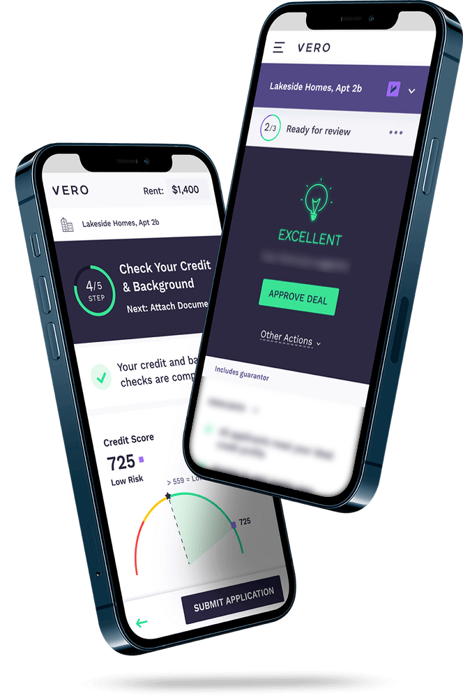 Image of two mobile devices showing credit check and screening stages of the VERO applicant process